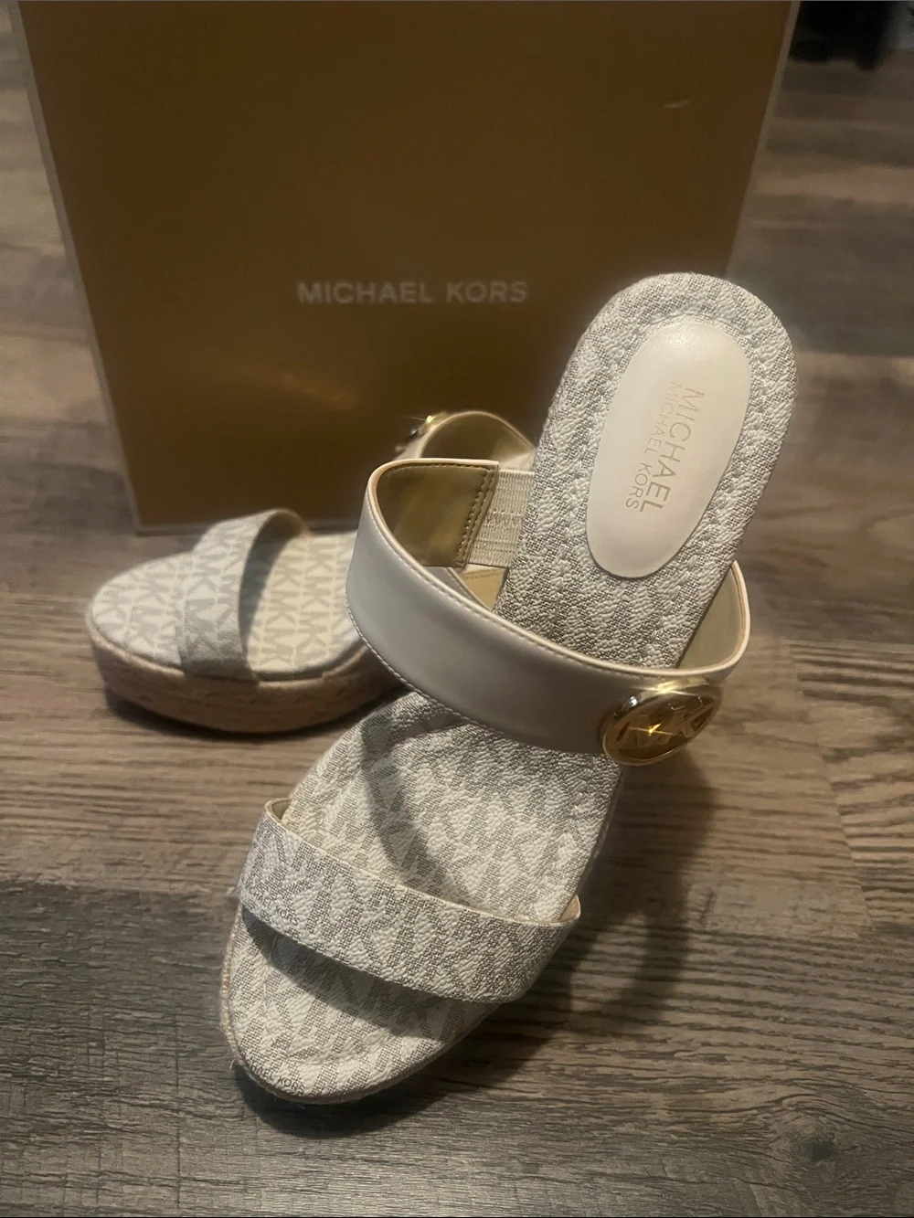 Michael Kors Beige and Gray Logo Espadrille Wedge Sandals